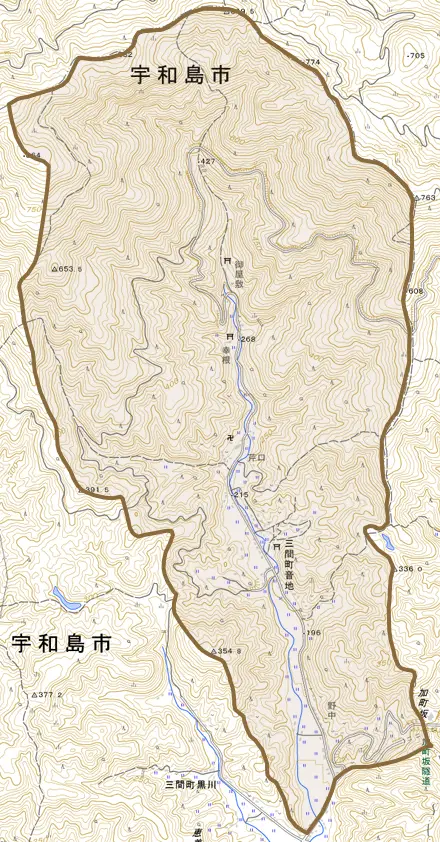 三間町音地とその周辺の地図。町の範囲を重ねている