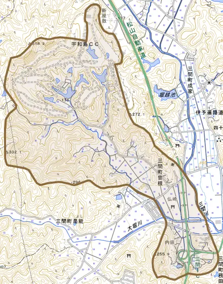 三間町曽根とその周辺の地図。町の範囲を重ねている
