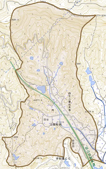 三間町則とその周辺の地図。町の範囲を重ねている