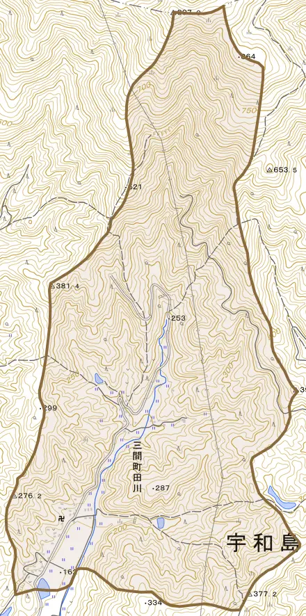 三間町田川とその周辺の地図。町の範囲を重ねている