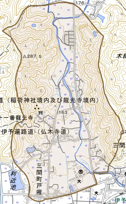 三間町戸雁とその周辺の地図。町の範囲を重ねている