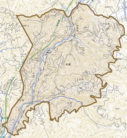光満とその周辺の地図。町の範囲を重ねている