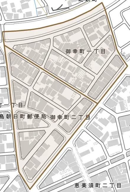 御幸町とその周辺の地図。町の範囲を重ねている
