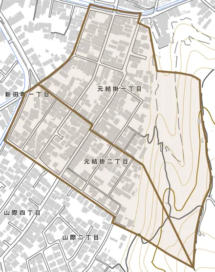 元結掛とその周辺の地図。町の範囲を重ねている