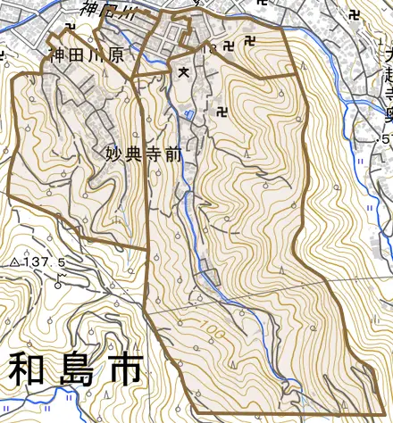 妙典寺前とその周辺の地図。町の範囲を重ねている