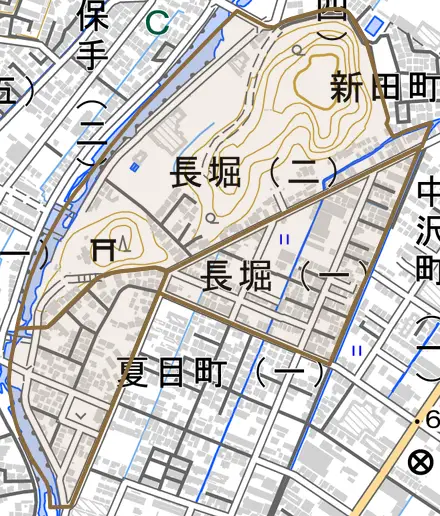 長堀とその周辺の地図。町の範囲を重ねている