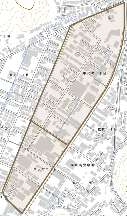中沢町とその周辺の地図。町の範囲を重ねている