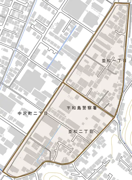 並松とその周辺の地図。町の範囲を重ねている