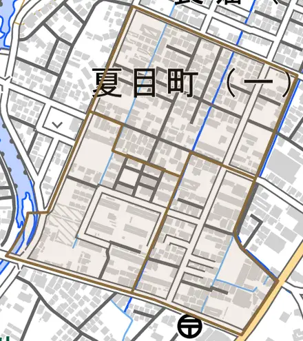 夏目町とその周辺の地図。町の範囲を重ねている