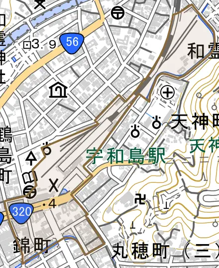 錦町とその周辺の地図。町の範囲を重ねている