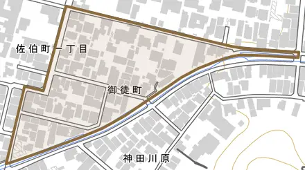 御徒町とその周辺の地図。町の範囲を重ねている
