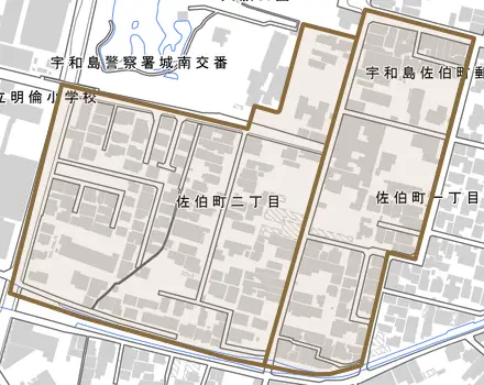 佐伯町とその周辺の地図。町の範囲を重ねている