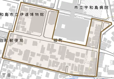 桜町とその周辺の地図。町の範囲を重ねている