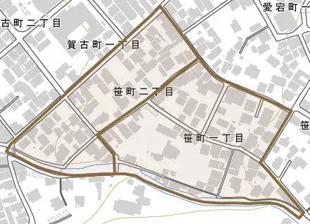 笹町とその周辺の地図。町の範囲を重ねている