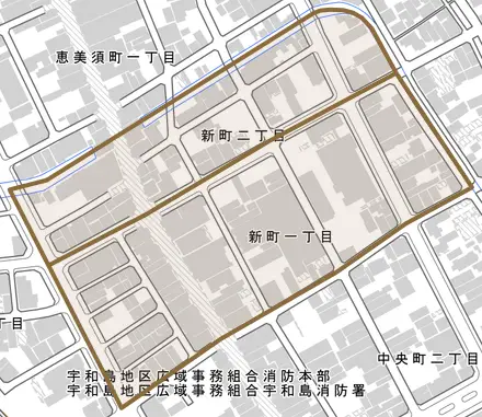 新町とその周辺の地図。町の範囲を重ねている
