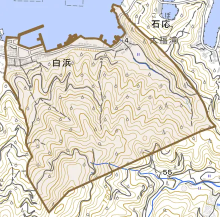 白浜とその周辺の地図。町の範囲を重ねている