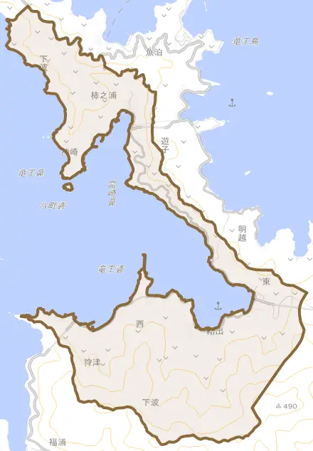下波とその周辺の地図。町の範囲を重ねている