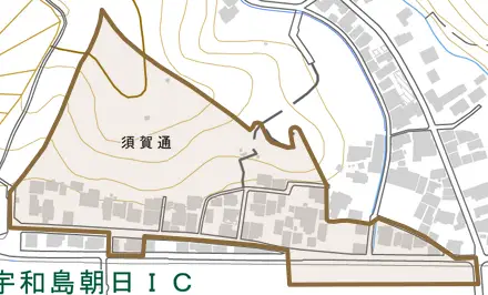 須賀通とその周辺の地図。町の範囲を重ねている