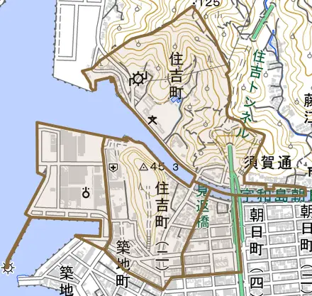 住吉町とその周辺の地図。町の範囲を重ねている