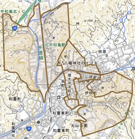 伊吹町とその周辺の地図。町の範囲を重ねている