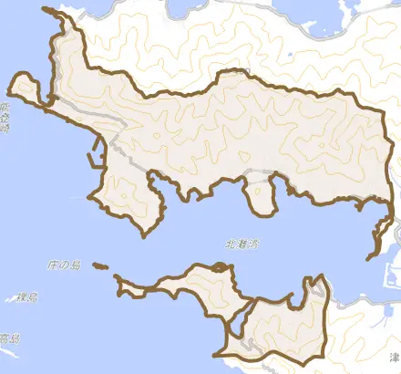 津島町北灘とその周辺の地図。町の範囲を重ねている