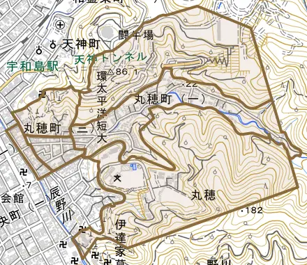 丸穂町とその周辺の地図。町の範囲を重ねている