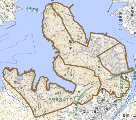 坂下津とその周辺の地図。町の範囲を重ねている
