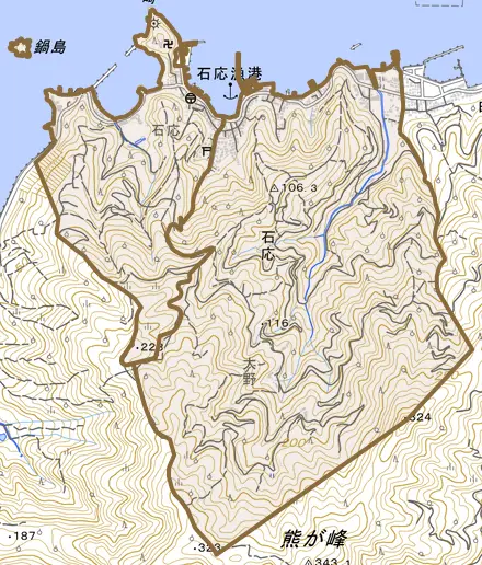 石応とその周辺の地図。町の範囲を重ねている