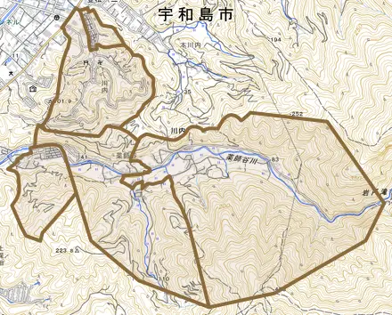 川内とその周辺の地図。町の範囲を重ねている