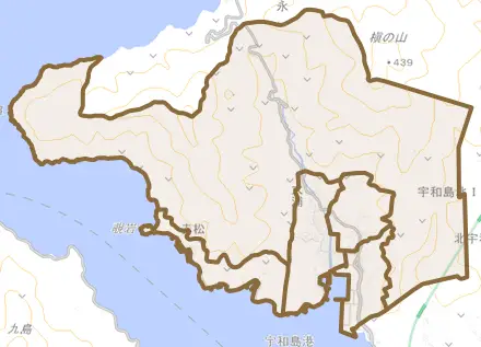 大浦とその周辺の地図。町の範囲を重ねている