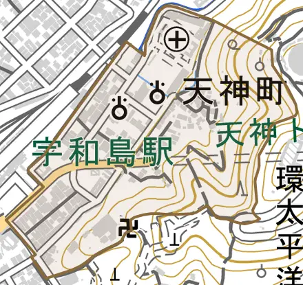 天神町とその周辺の地図。町の範囲を重ねている