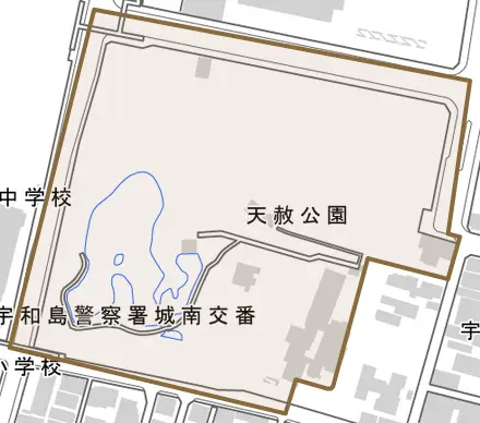天赦公園とその周辺の地図。町の範囲を重ねている