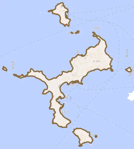 戸島とその周辺の地図。町の範囲を重ねている