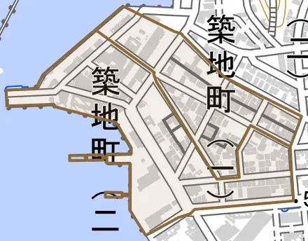 築地町とその周辺の地図。町の範囲を重ねている