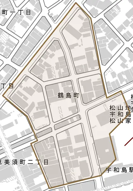 鶴島町とその周辺の地図。町の範囲を重ねている