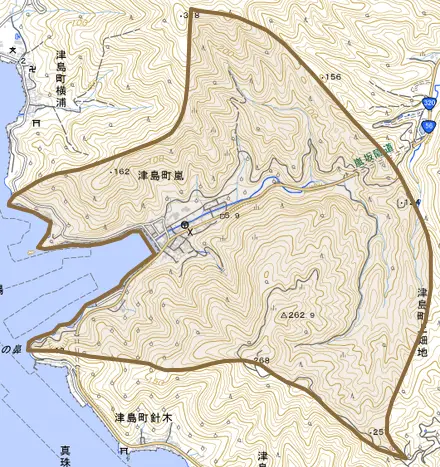 津島町嵐とその周辺の地図。町の範囲を重ねている