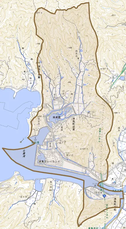 津島町近家とその周辺の地図。町の範囲を重ねている