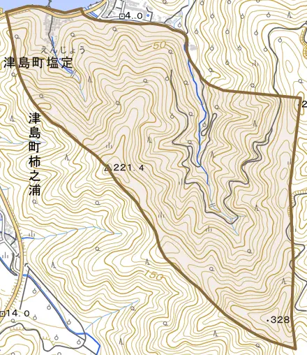 津島町塩定とその周辺の地図。町の範囲を重ねている