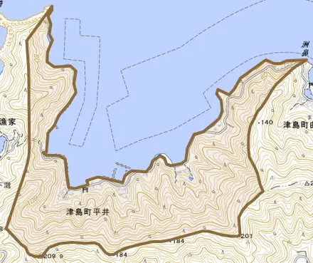 津島町平井とその周辺の地図。町の範囲を重ねている