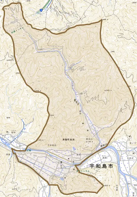 津島町岩渕とその周辺の地図。町の範囲を重ねている