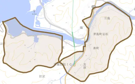 津島町岩松とその周辺の地図。町の範囲を重ねている