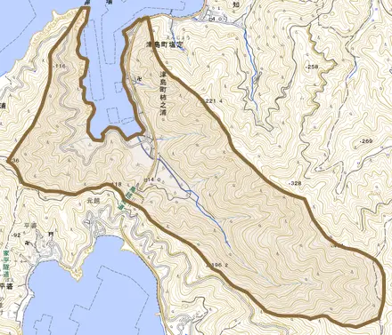 津島町柿之浦とその周辺の地図。町の範囲を重ねている