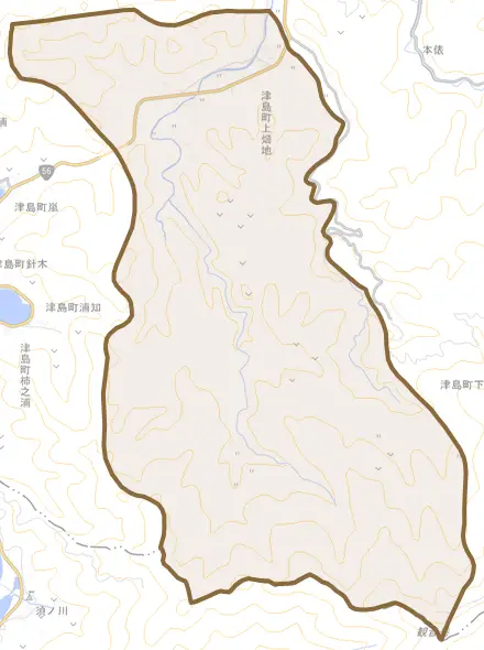津島町上畑地とその周辺の地図。町の範囲を重ねている