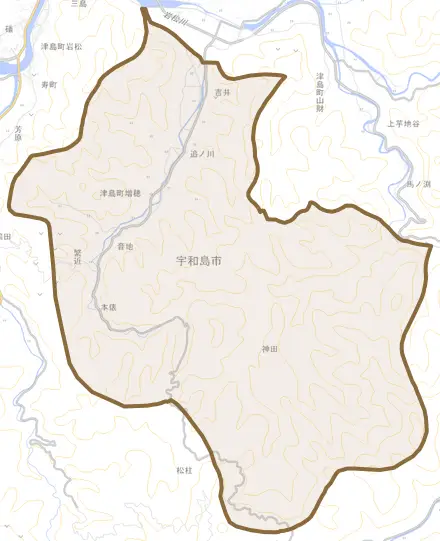 津島町増穂とその周辺の地図。町の範囲を重ねている