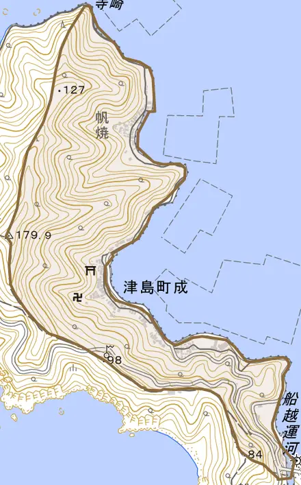 津島町成とその周辺の地図。町の範囲を重ねている