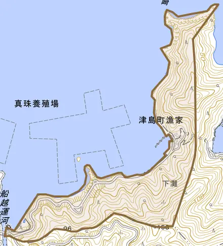 津島町漁家とその周辺の地図。町の範囲を重ねている
