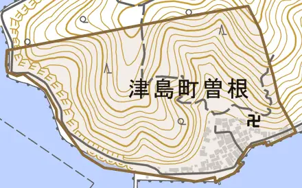 津島町曽根とその周辺の地図。町の範囲を重ねている