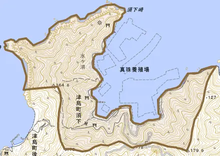 津島町須下とその周辺の地図。町の範囲を重ねている