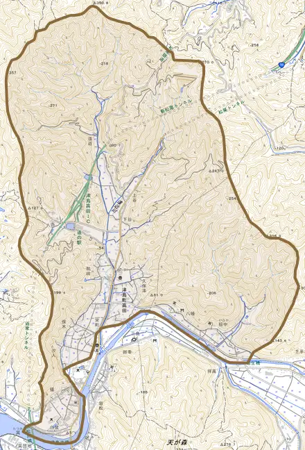 津島町高田とその周辺の地図。町の範囲を重ねている