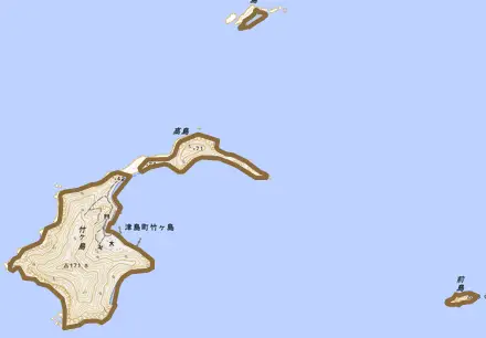 津島町竹ヶ島とその周辺の地図。町の範囲を重ねている